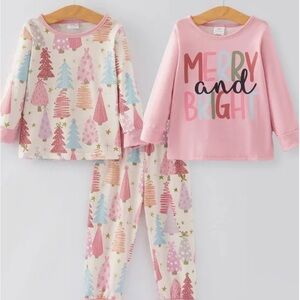 NWT Boutique Butter Soft Girls Christmas Tree Print Merry & Bright PJ Set
